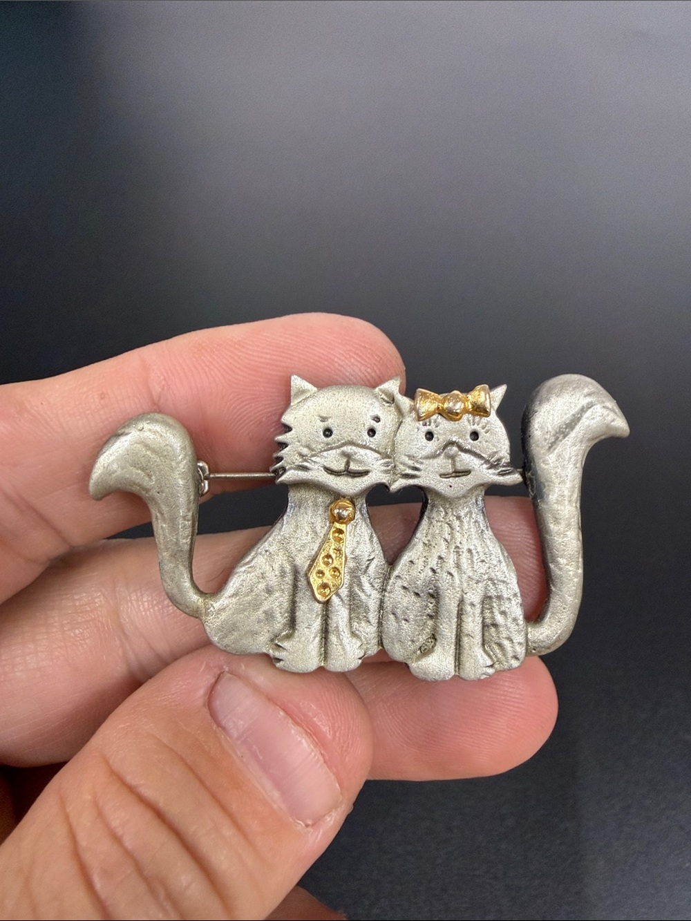 Pewter and Gold Cat Couple Brooch - Cute Cat Duo Pin